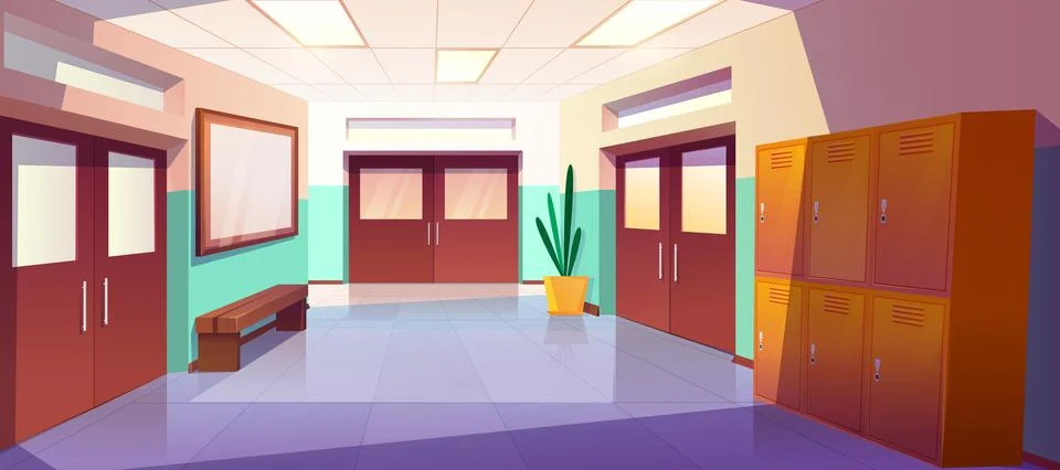 Cartoon school hallway interior with lockers, closed classroom doors and bench Stock Illustration
