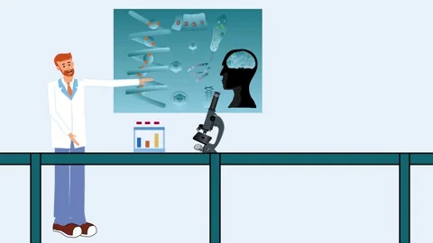 Cartoon Scientist Explaining Brain Function and Metabolism Stock Footage 320440553