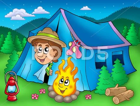 Cartoon scout boy in tent ~ Clip Art ~ Download #39386767