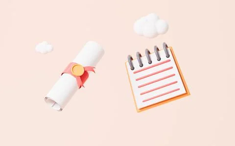 Cartoon scroll and notepad on the pink background, 3d rendering. Stock Illustration