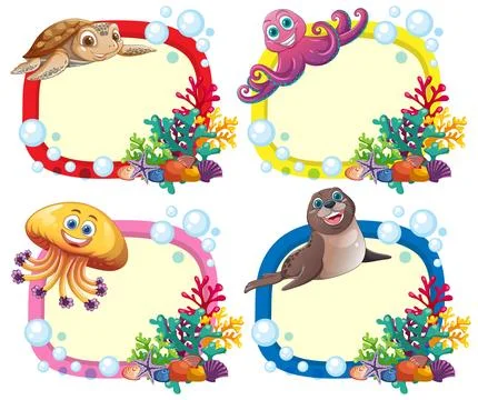 Cartoon Sea Animal Border Frames with Coral Reef and Bubbles Stock Illustration