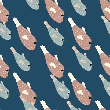 Cartoon sea seamless pattern with blue and pink colored fish elements print.  Stock Illustration