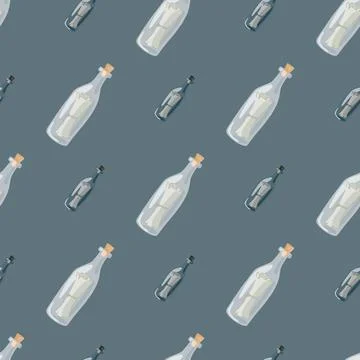 Cartoon seamless doodle pattern with diagonal bottle messages ornament. Pale  Stock Illustration