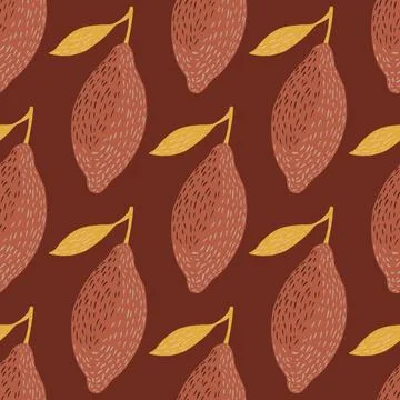 Cartoon seamless food pattern with lemon fresh ornament. Maroon palette. Orga Stock Illustration