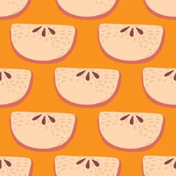 Cartoon seamless fruit pattern with apple slices. Doodle fruits on orange bac Stock Illustration