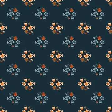 Cartoon seamless nature pattern with botanic flower elements. Navy blue backg 스톡 일러스트