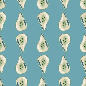 Cartoon seamless pattern with creative half pear elements. Bright blue backgr Stock Illustration