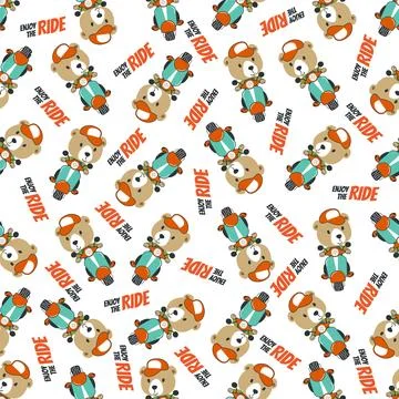 Cartoon seamless pattern of cute bear riding Scooter . Stock Illustration