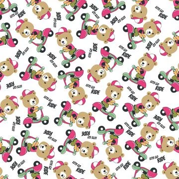 Cartoon seamless pattern of cute bear riding Scooter . Stock Illustration