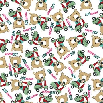 Cartoon seamless pattern of cute bear riding Scooter . Stock Illustration