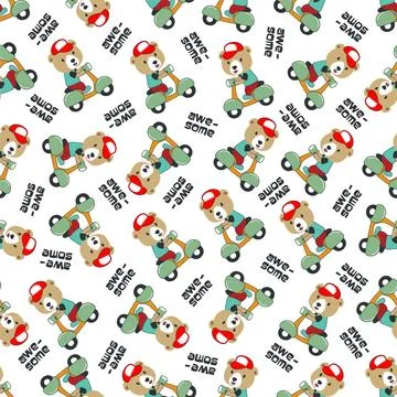 Cartoon seamless pattern of cute bear riding Scooter . Stock Illustration