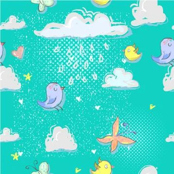 Cartoon seamless pattern with cute birds, clouds, butterfly and hearts in the Stockillustratie