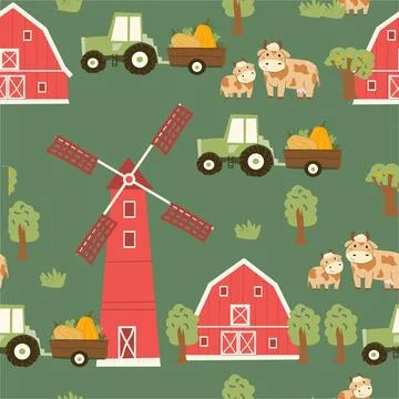 Cartoon seamless pattern with cute farm animals and farmhouses, mills, tracto Stock Illustration