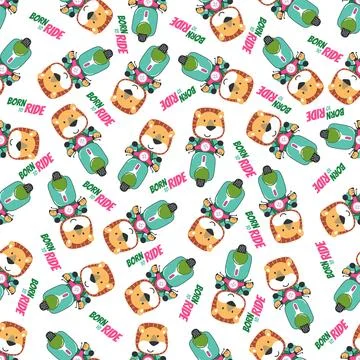 Cartoon seamless pattern of cute lion riding Scooter . Stock Illustration