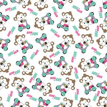 Cartoon seamless pattern of cute monkey riding Scooter . Stock Illustration
