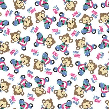 Cartoon seamless pattern of cute monkey riding Scooter . Stock Illustration