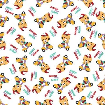 Cartoon seamless pattern of cute tiger riding Scooter . 스톡 일러스트