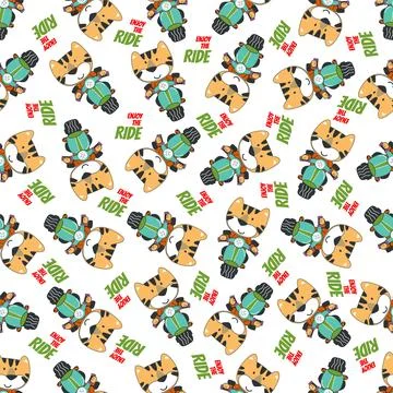 Cartoon seamless pattern of cute tiger riding Scooter . 스톡 일러스트