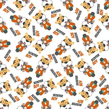 Cartoon seamless pattern of cute tiger riding Scooter . Stock Illustration