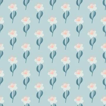 Cartoon seamless pattern with cute white simple flower silhouettes. Blue back Stock Illustration