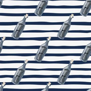 Cartoon seamless pattern with doodle bottles with message print. Blue and whi Illustrazione stock