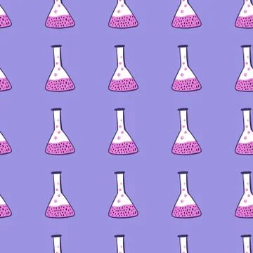 Cartoon seamless pattern with doodle flask ornament. Pink chemical shapes on  Stock Illustration