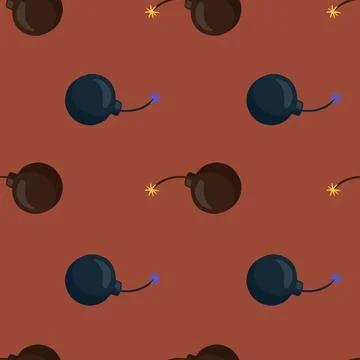 Cartoon seamless pattern with doodle simple brown and blue bombs shapes. Pink Stock Illustration
