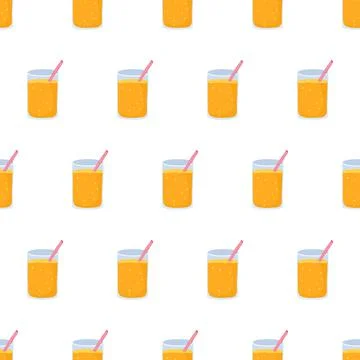 Cartoon seamless pattern for fabric design with glass of orange juice. Stock Illustration
