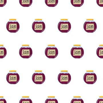 Cartoon seamless pattern for fabric design with jar of purple berry jam. Stock Illustration
