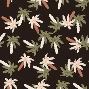 Cartoon seamless pattern with green and white colored palm tree print. Dark b Stock Illustration