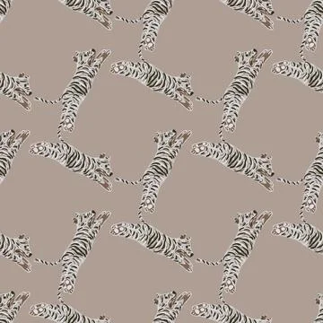 Cartoon seamless pattern with grey simple tiger silhouettes ornament. Jumping Illustrazione stock