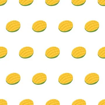 Cartoon seamless pattern with halved green mango on white backdrop. Fabric Illustrazione stock