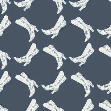 Cartoon seamless pattern with hand drawn white women boots ornament. Navy blu Stock Illustration