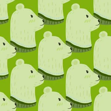 Cartoon seamless pattern with hand drawn bear head profile print. Green brigh 스톡 일러스트