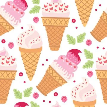 Cartoon seamless pattern with ice cream in waffle cones. Stock Illustration