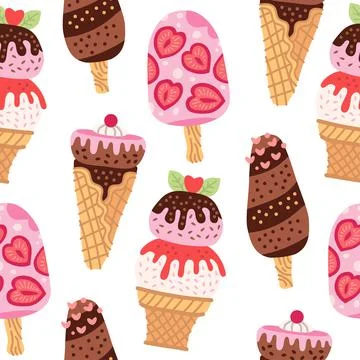 Cartoon seamless pattern with ice cream in waffle cones. Stock Illustration