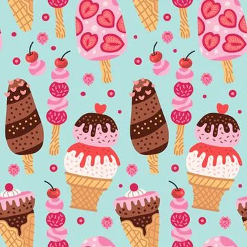 Cartoon seamless pattern with ice cream in waffle cones. Stock Illustration