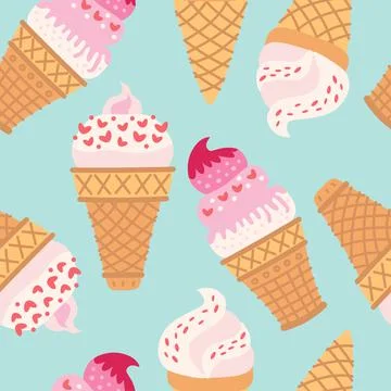 Cartoon seamless pattern with ice cream in waffle cones. Stock Illustration