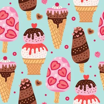 Cartoon seamless pattern with ice cream in waffle cones. Illustrazione stock