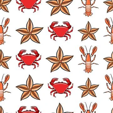 Cartoon seamless pattern isolated on white background with crab, langouste se Stock Illustration