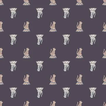 Cartoon seamless pattern in kids style with circus tiger ornament. Pastel pur Illustrazione stock