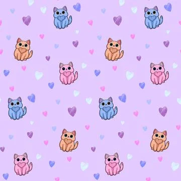 Cartoon seamless pattern with a little cat and hearts on a lavender background Illustrazione stock