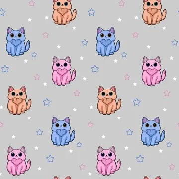 Cartoon seamless pattern with a little cat and stars on the grey background 스톡 일러스트