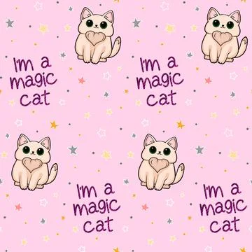 Cartoon seamless pattern with a little cat and stars on the pink background Illustrazione stock