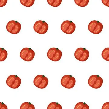 Cartoon seamless pattern for paper design with sliced in half tomato. Stock Illustration