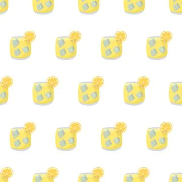 Cartoon seamless pattern for paper design with glass of lemonade. Stock Illustration