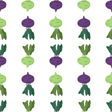Cartoon seamless pattern for paper design with green and purple kohlrabi root Stock Illustration