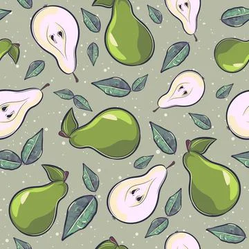 Cartoon seamless pattern with pears and leaves. Stock Illustration