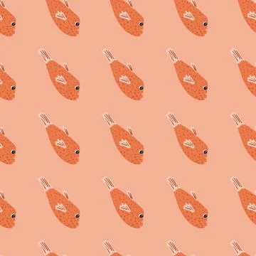 Cartoon seamless pattern in pink and red pastel tones with doodle fish silhou Stock Illustration