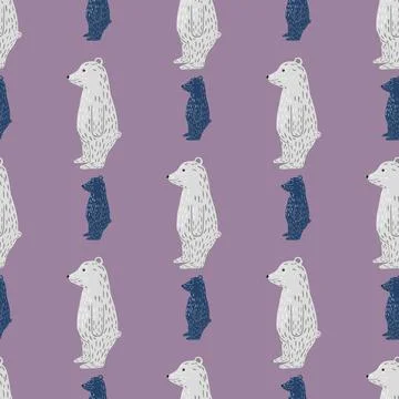 Cartoon seamless pattern with polar doodle bear ornament. Pastel puple backgr Stock Illustration
